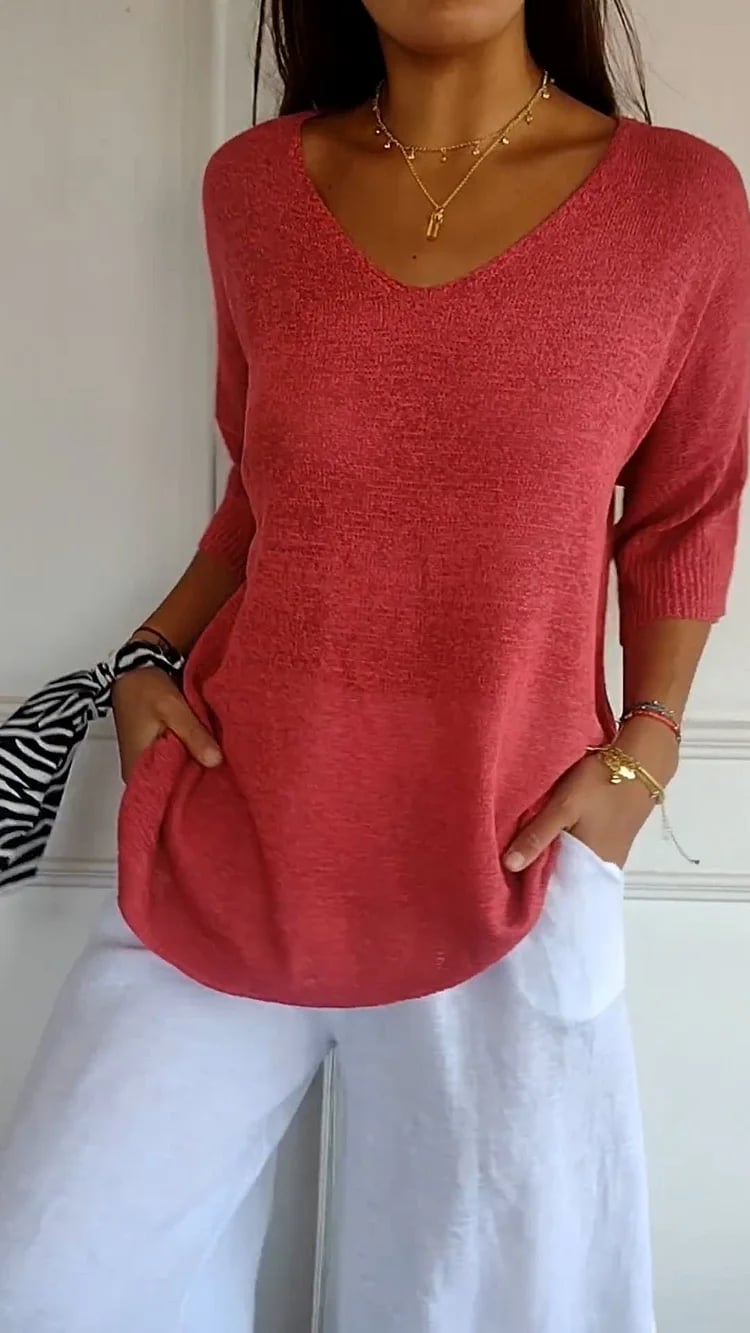 👚 50% OFF NOW! 💎 Solid Color Knitted V-Neck Top – Breathable Comfort, Minimalist Elegance & Timeless Style ✨