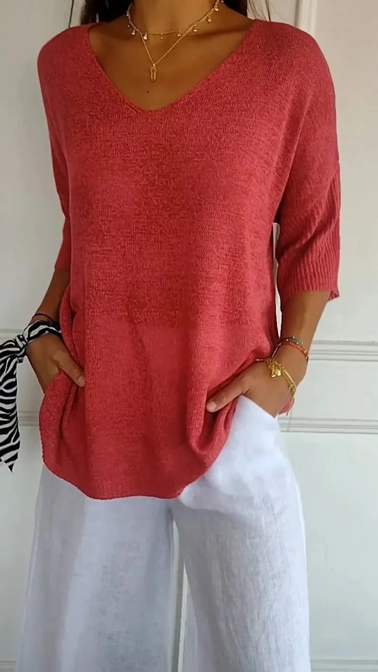 👚 50% OFF NOW! 💎 Solid Color Knitted V-Neck Top – Breathable Comfort, Minimalist Elegance & Timeless Style ✨