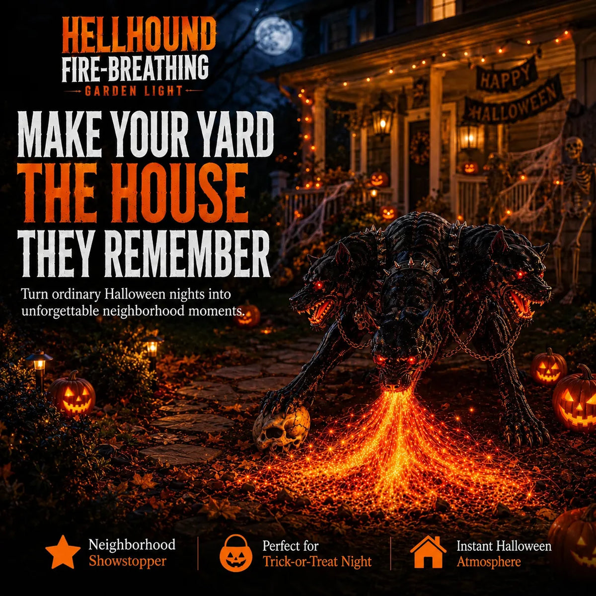 🔥 3-Headed Hellhound Halloween Light – Solar Fire-Breathing Yard Monster