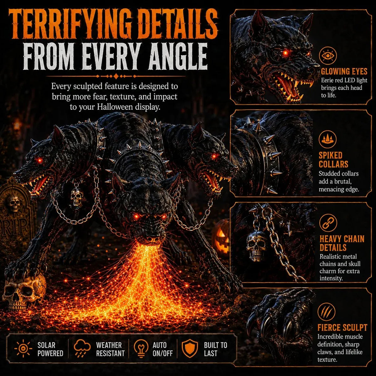 🔥 3-Headed Hellhound Halloween Light – Solar Fire-Breathing Yard Monster